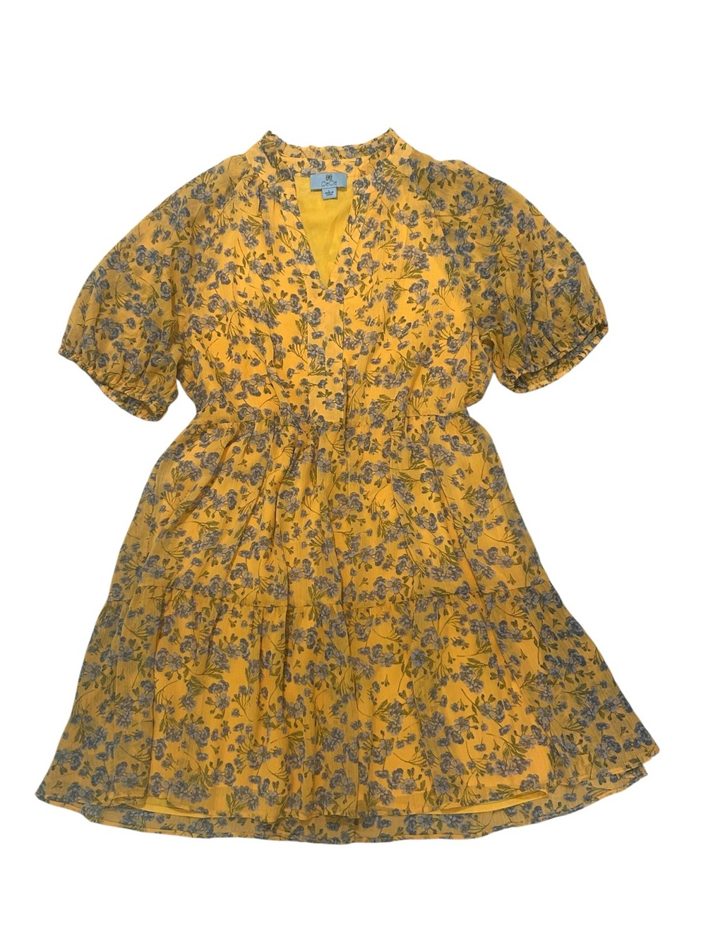 CeCe Yellow Floral Tiered Short-Sleeve Dress